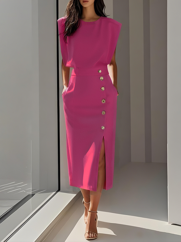 Seraphina| Round Neck Button Midi Dress