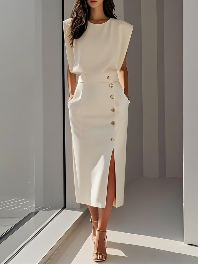 Seraphina| Round Neck Button Midi Dress