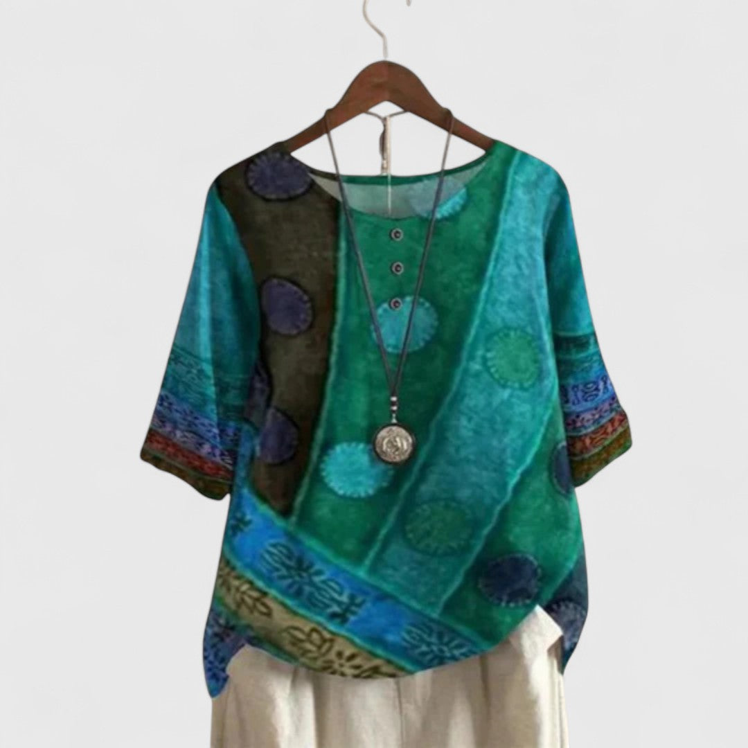 Ivara Patchwork Print Top in green