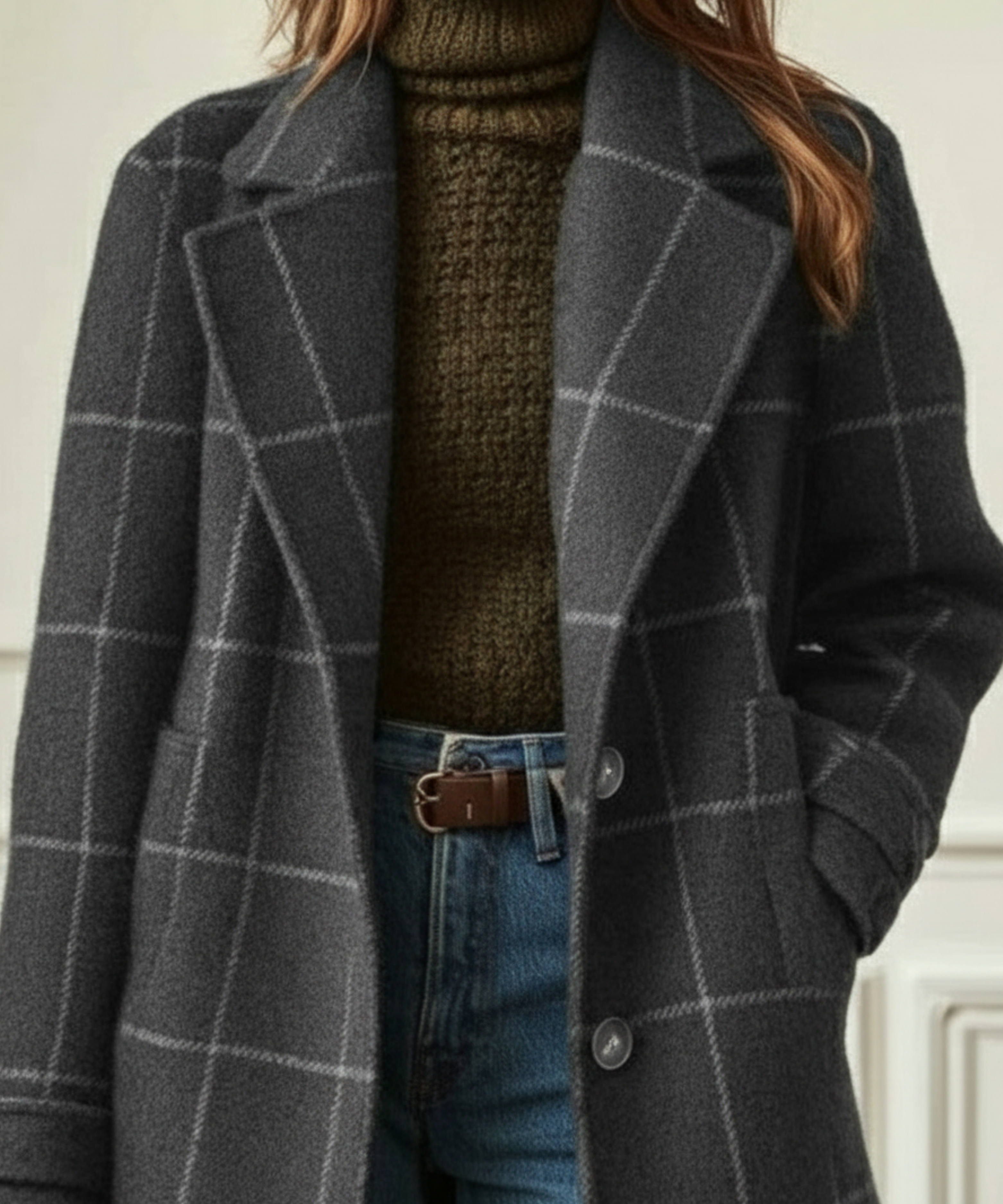 Harlow Wool Check Coat grey front