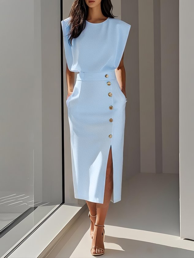 Seraphina| Round Neck Button Midi Dress