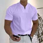 Men's Summer V-Neck Short Sleeve T-Shirt - Elastic Cotton Athletic and Casual Fit