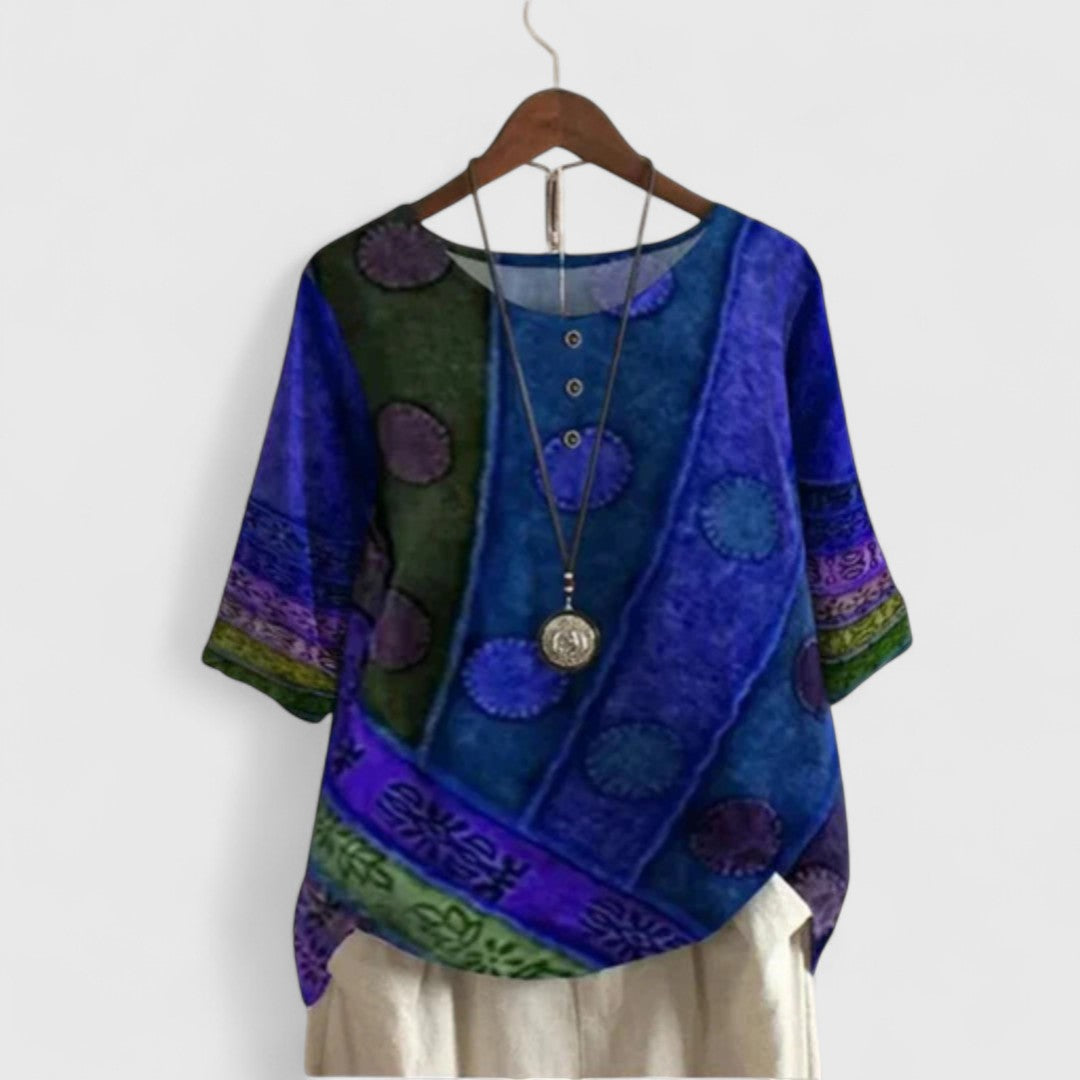 Ivara Patchwork Print Top in blue