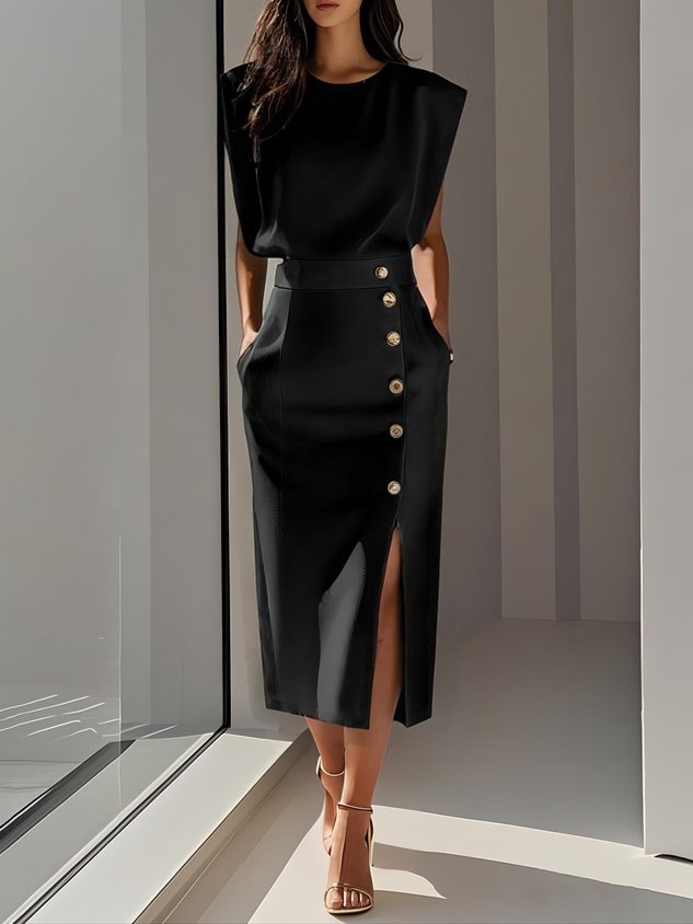 Seraphina| Round Neck Button Midi Dress
