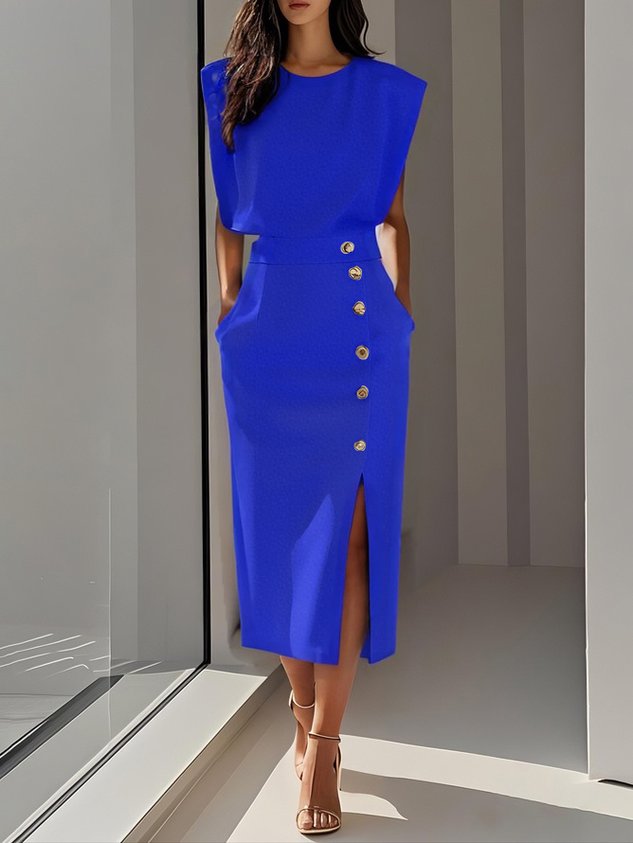 Seraphina| Round Neck Button Midi Dress