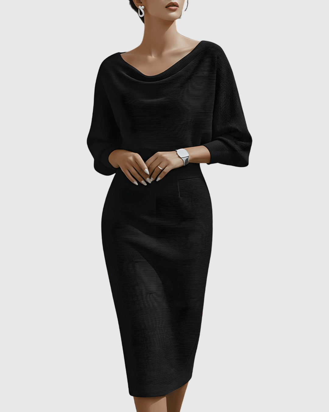 Aria Draped Batwing Midi Dress Black