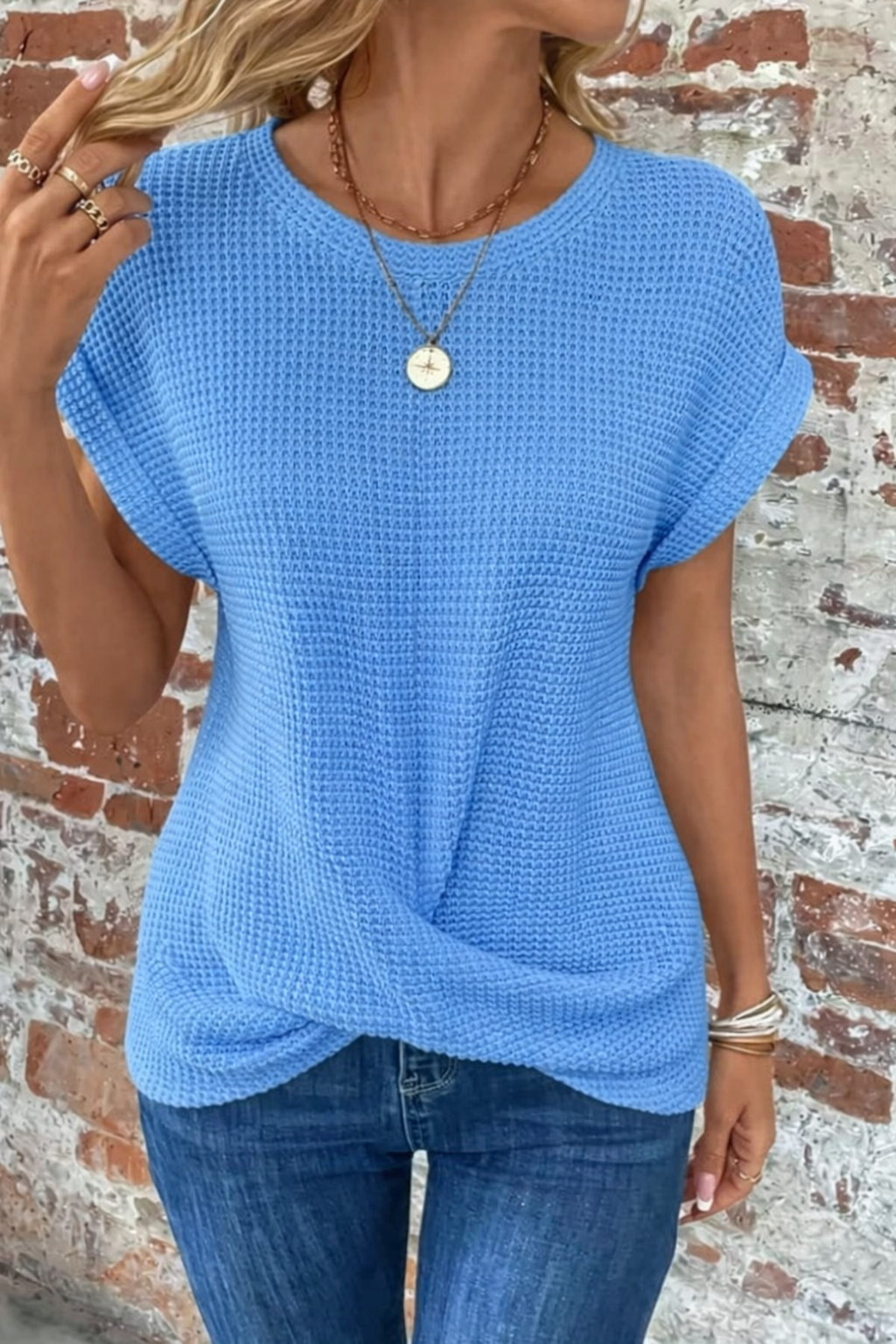 Marlowe Waffle Knit Casual Tee - Blue