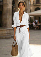 Women's Shirt Maxi Dress Button Down Long Sleeve Collared V Neck Floor Length Dress Casual Slim Fit