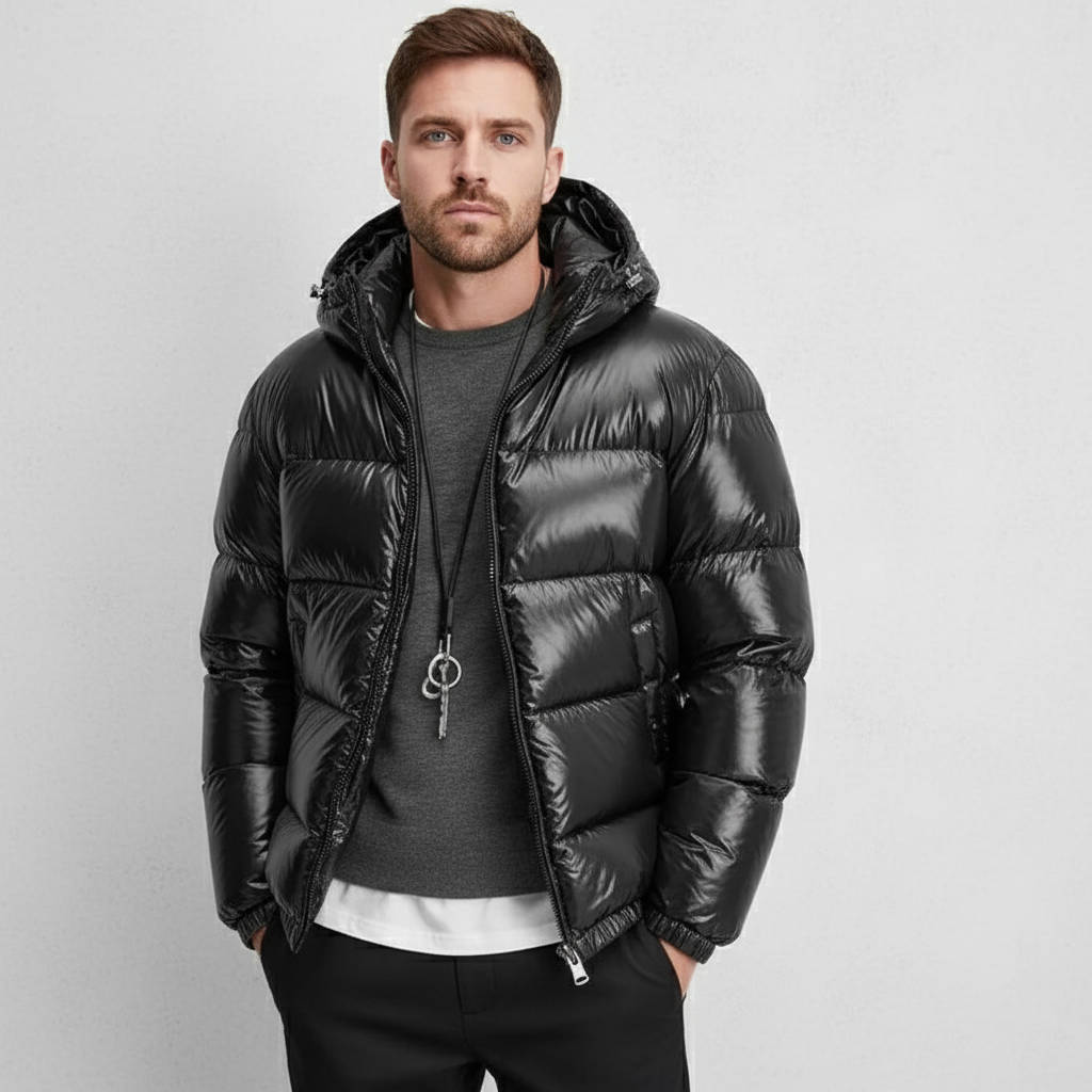 Black glossy puffer jacket
