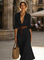 Women's Shirt Maxi Dress Button Down Long Sleeve Collared V Neck Floor Length Dress Casual Slim Fit
