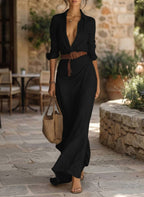 Women's Shirt Maxi Dress Button Down Long Sleeve Collared V Neck Floor Length Dress Casual Slim Fit