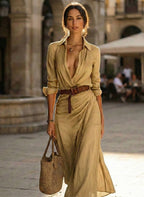 Women's Shirt Maxi Dress Button Down Long Sleeve Collared V Neck Floor Length Dress Casual Slim Fit
