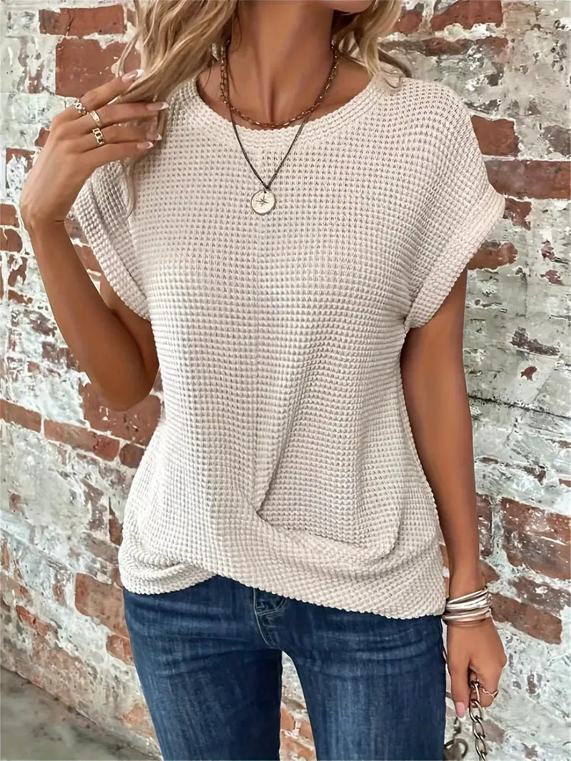Marlowe Waffle Knit Casual Tee - Pinkish Grey / Cream White