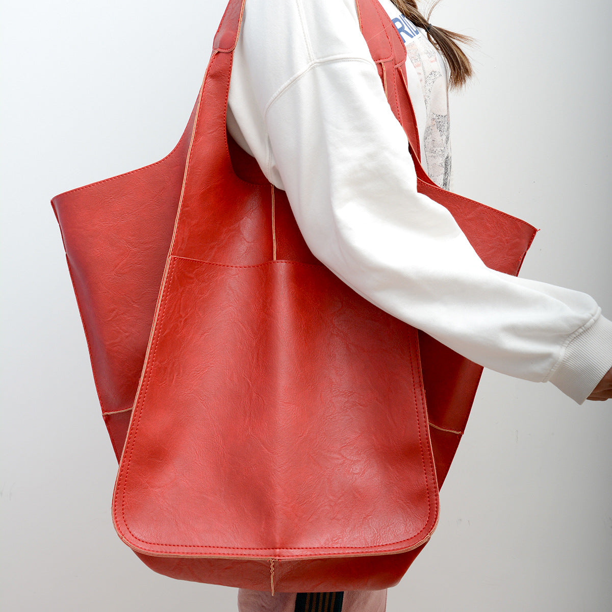 Oversized Vintage Leather Shoulder Bag for Women