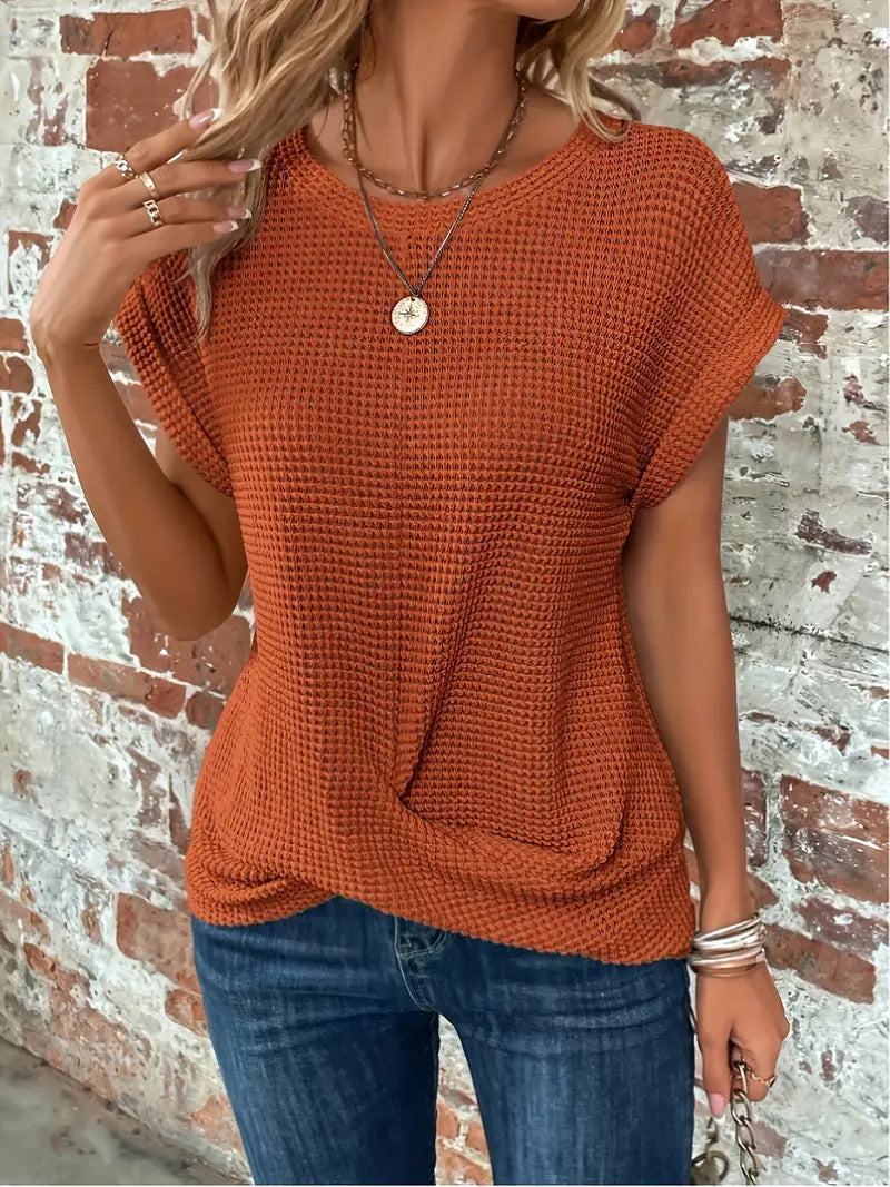 Marlowe Waffle Knit Casual Tee - Brown Orange