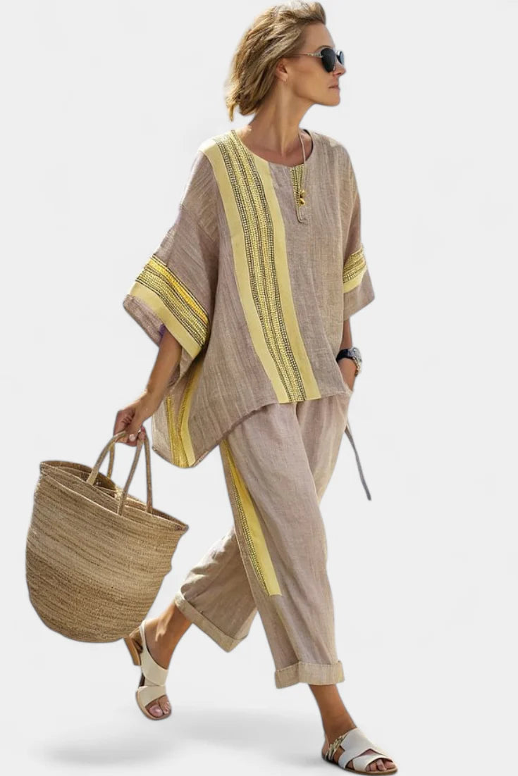 Lumivé | Lavender Linen Top & Striped Pants Set