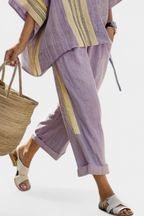 Lumivé | Lavender Linen Top & Striped Pants Set