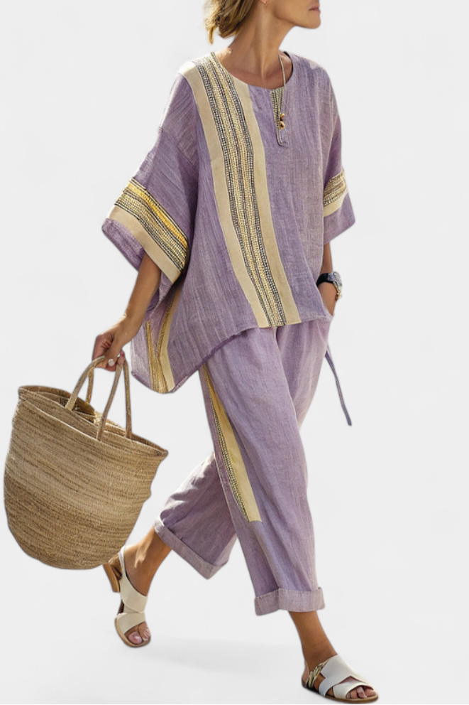 Lumivé | Lavender Linen Top & Striped Pants Set
