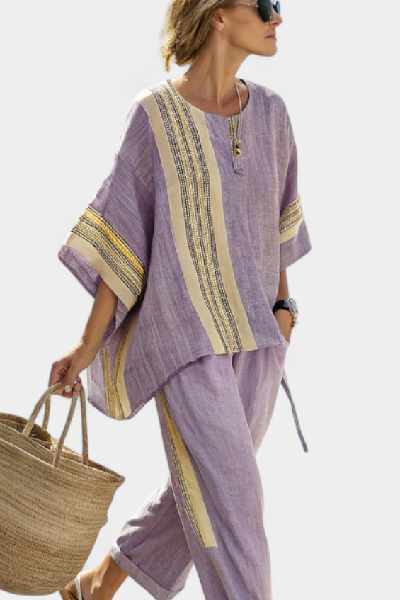 Lumivé | Lavender Linen Top & Striped Pants Set