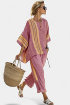 Lumivé | Lavender Linen Top & Striped Pants Set