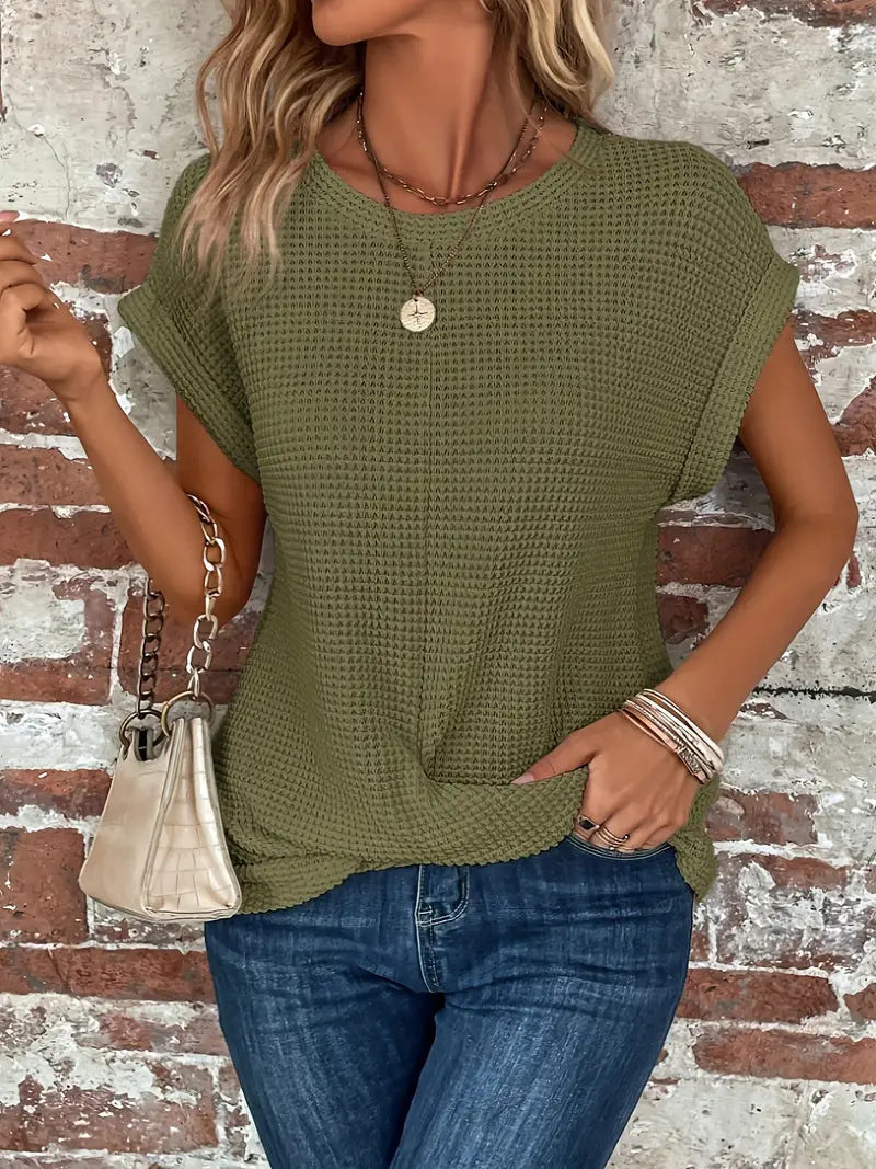 Marlowe Waffle Knit Casual Tee - Olive Green