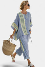 Lumivé | Lavender Linen Top & Striped Pants Set