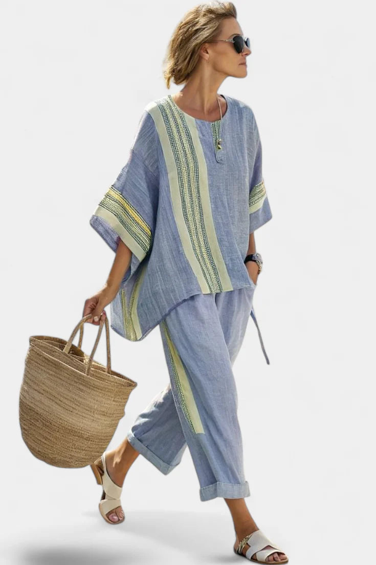Lumivé | Lavender Linen Top & Striped Pants Set