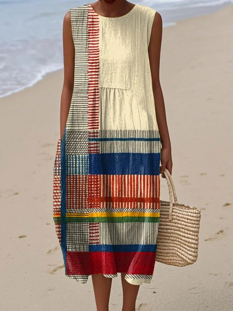 Marisol Art Midi Dress in Beige