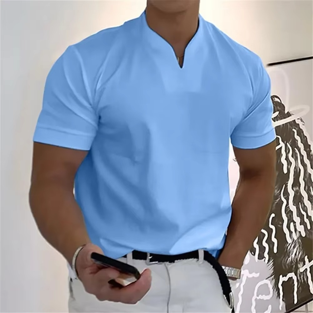Men's Summer V-Neck Short Sleeve T-Shirt - Elastic Cotton Athletic and Casual Fit