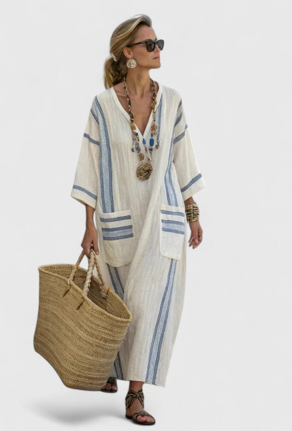 Liora Elegant Maxi Dress in beige light blue