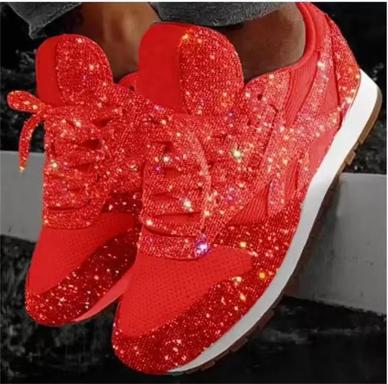 Women's Bling Mesh Platform Sneakers – Casual Lace-Up Flat Shoes for Everyday Style