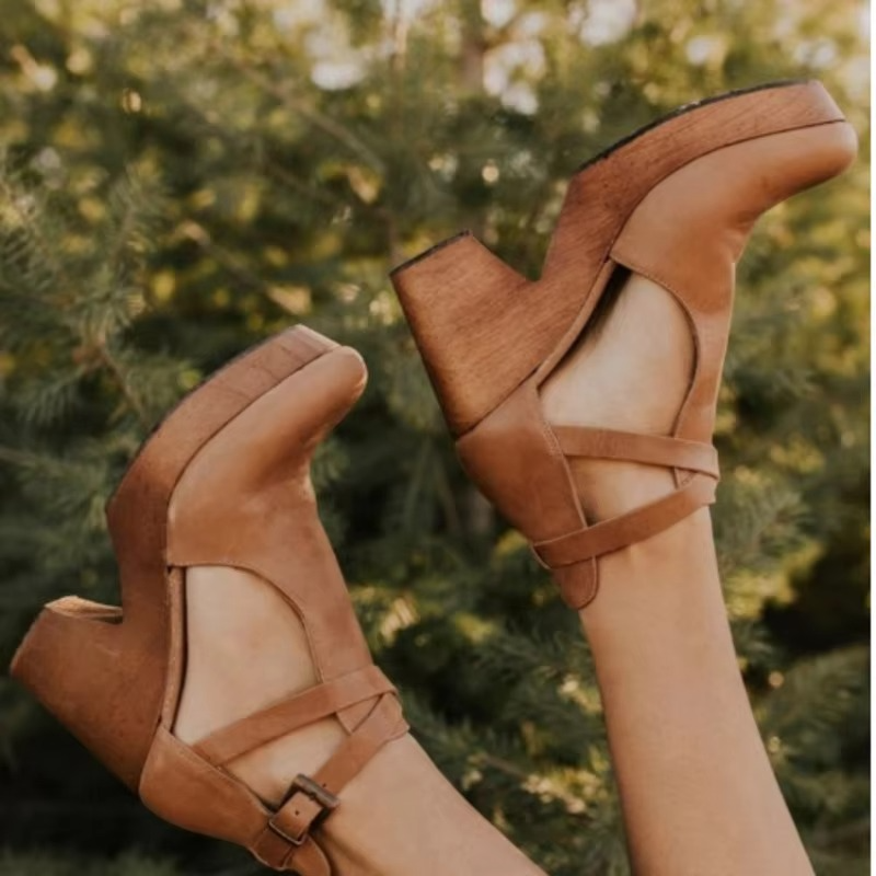 Chunky Platform Mary Jane Heels with Buckle Strap