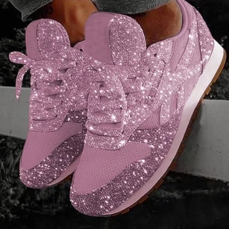 Women's Bling Mesh Platform Sneakers – Casual Lace-Up Flat Shoes for Everyday Style