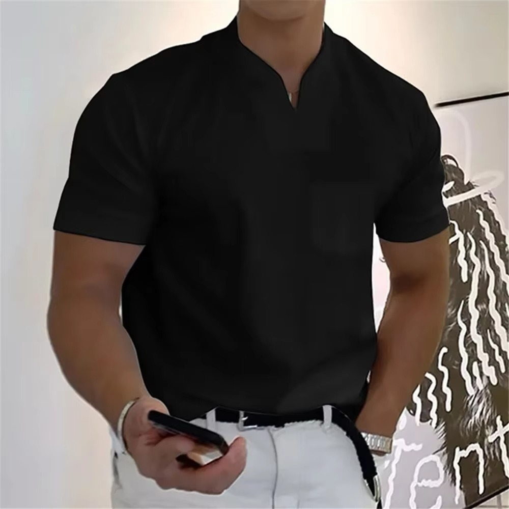 Men's Summer V-Neck Short Sleeve T-Shirt - Elastic Cotton Athletic and Casual Fit