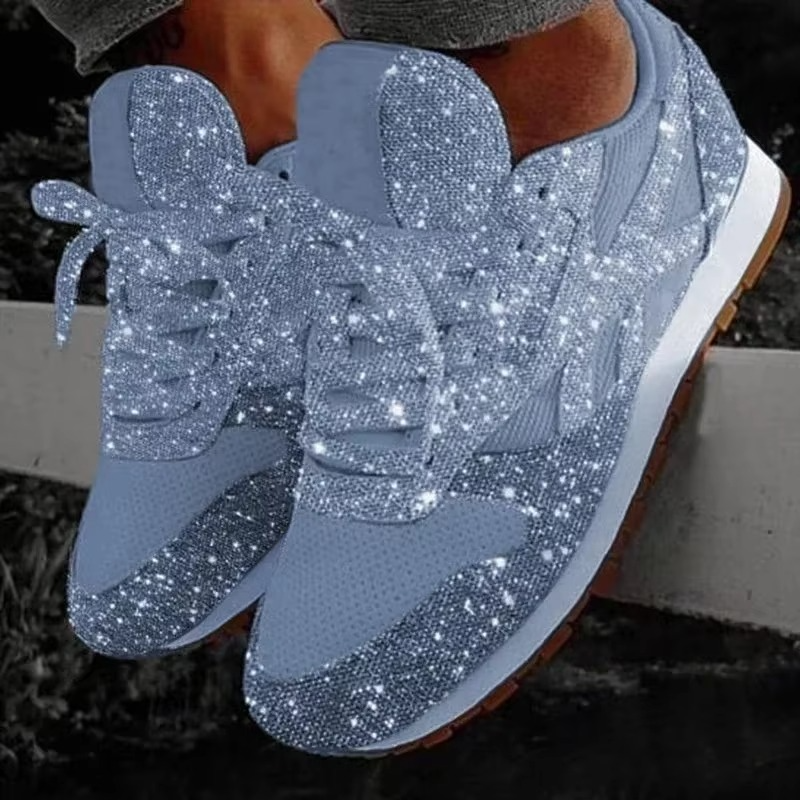Women's Bling Mesh Platform Sneakers – Casual Lace-Up Flat Shoes for Everyday Style