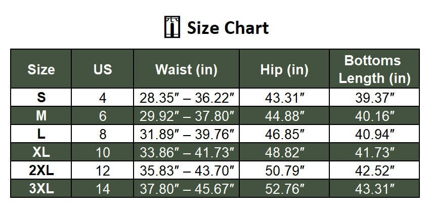 Men's Baggy Cargo Pants size chart