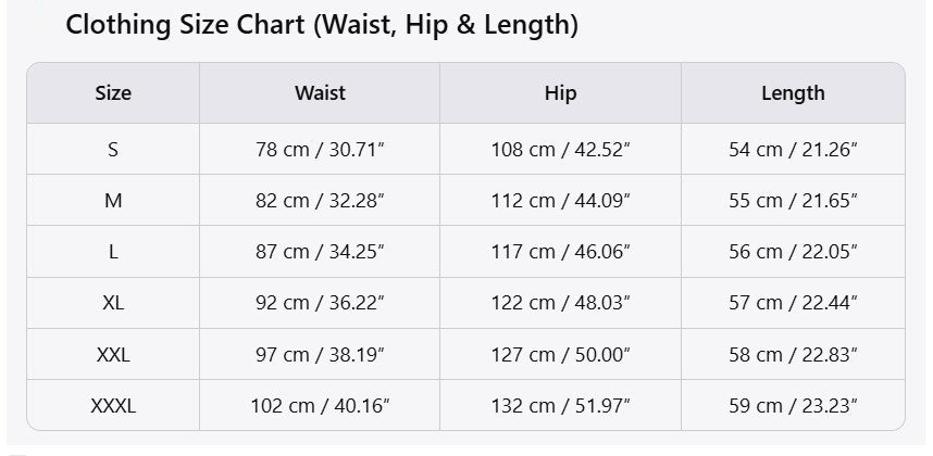 Pleated Shorts size chart