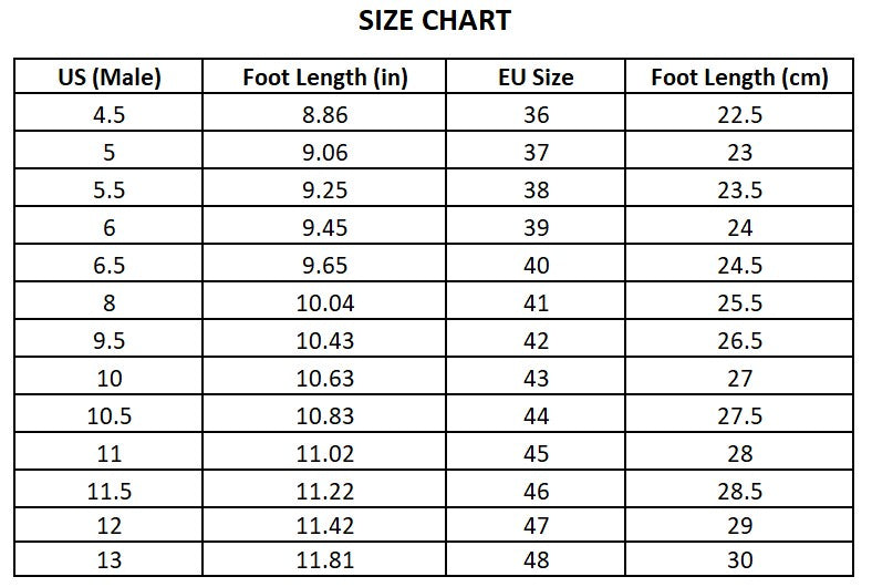 Men's Cycling Shoe size chart