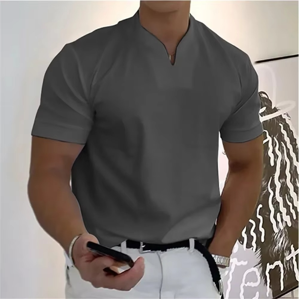 Men's Summer V-Neck Short Sleeve T-Shirt - Elastic Cotton Athletic and Casual Fit
