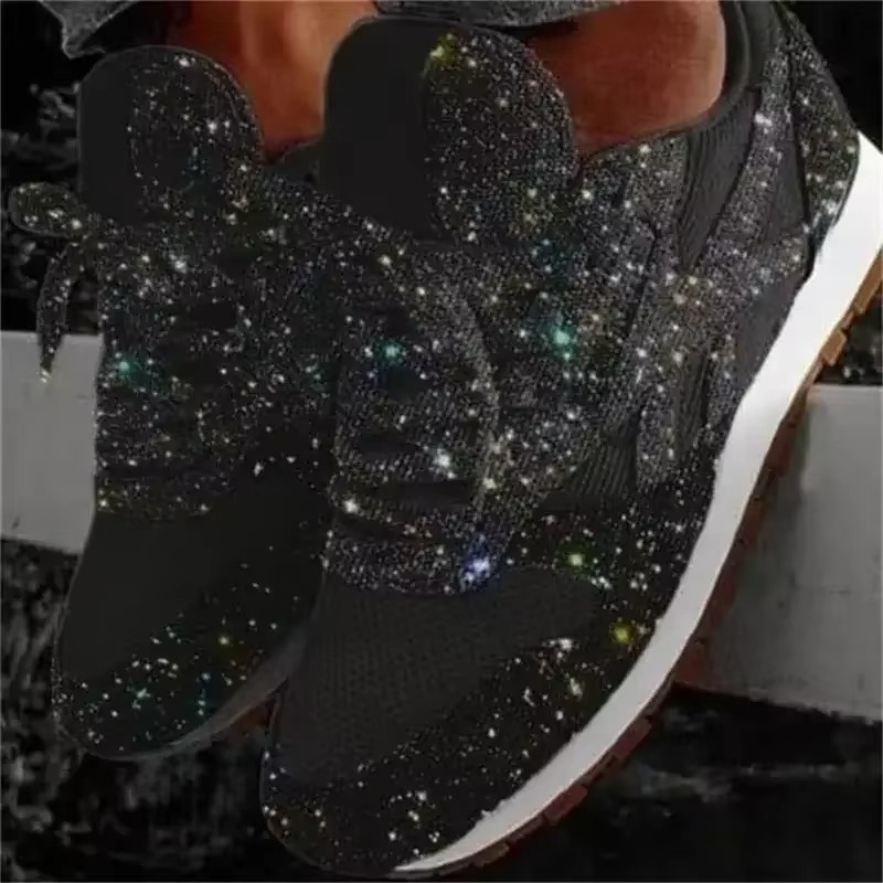 Women's Bling Mesh Platform Sneakers – Casual Lace-Up Flat Shoes for Everyday Style
