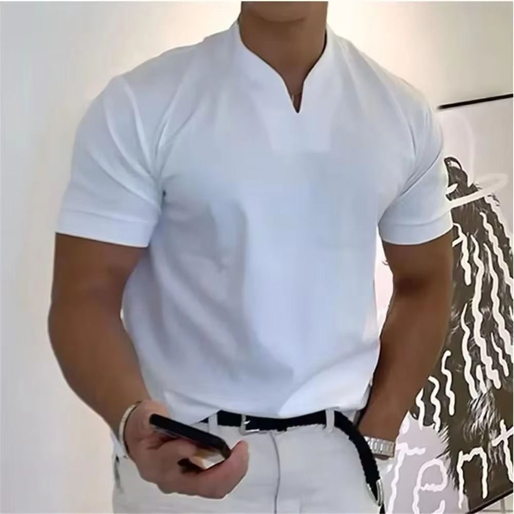 Men's Summer V-Neck Short Sleeve T-Shirt - Elastic Cotton Athletic and Casual Fit