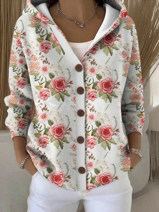 Aurelia Button Hooded Sweater in Floral White