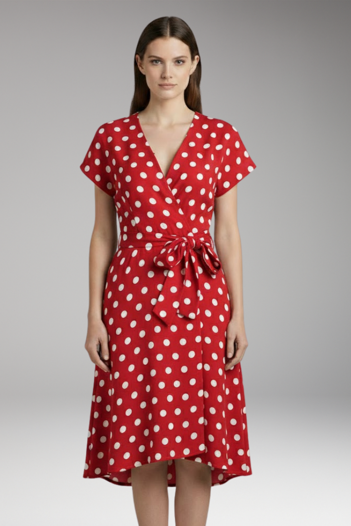 Chic Women's V-Neck Short-Sleeve Dress with Polka Dot Print