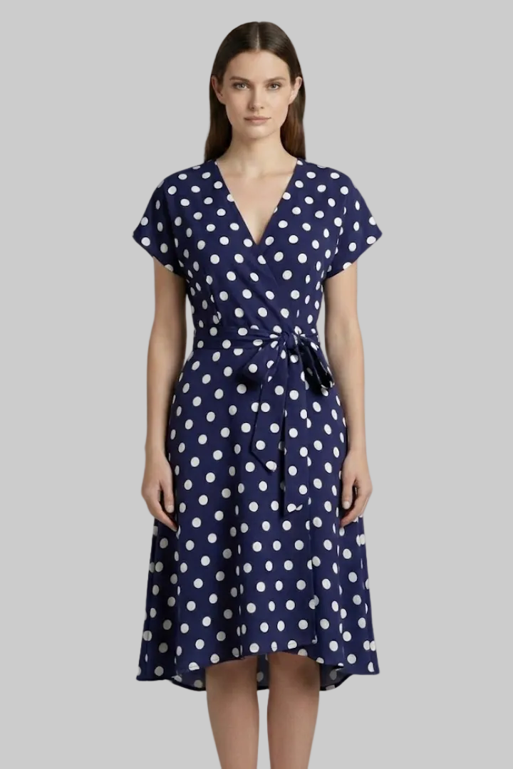 Chic Women's V-Neck Short-Sleeve Dress with Polka Dot Print