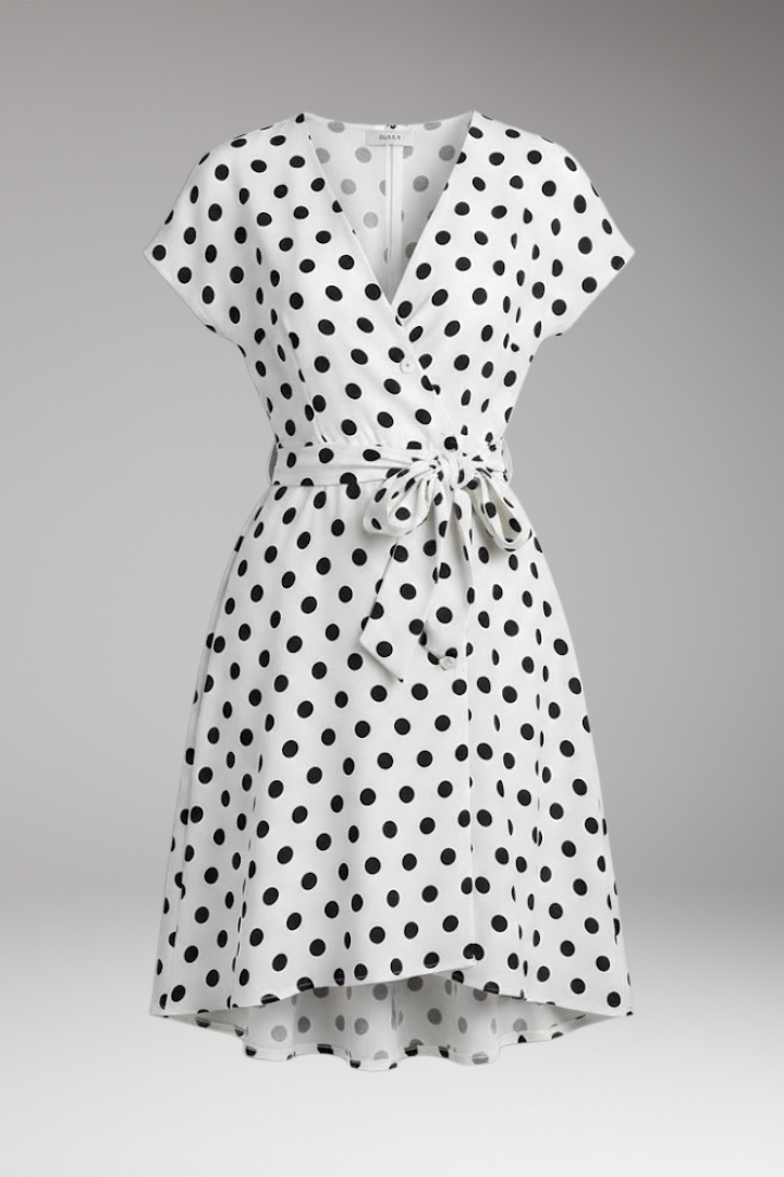 Chic Women's V-Neck Short-Sleeve Dress with Polka Dot Print