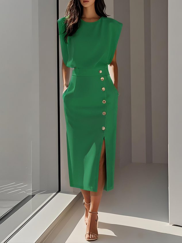 Seraphina| Round Neck Button Midi Dress