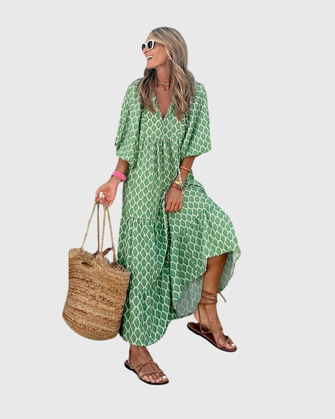 Marguerite Boho Maxi Dress in Green-White