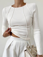 Basic Piping Long Sleeve Top in off-white
