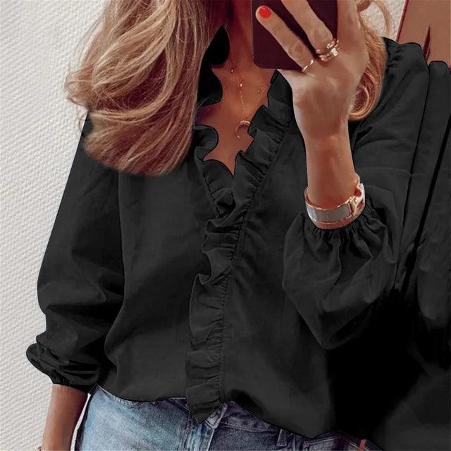 Beverly | Women's Ruffle V-Neck Long Sleeve Blouse