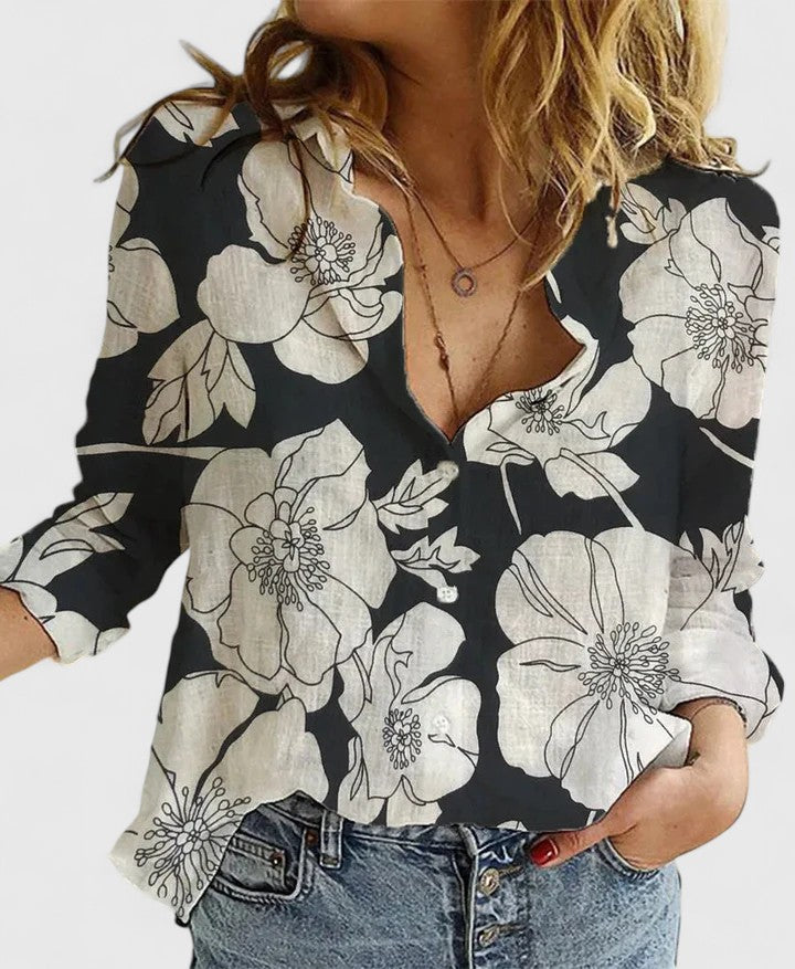 Linnea | Women's Linen-Look Button-Down Shirt with Lapel Collar